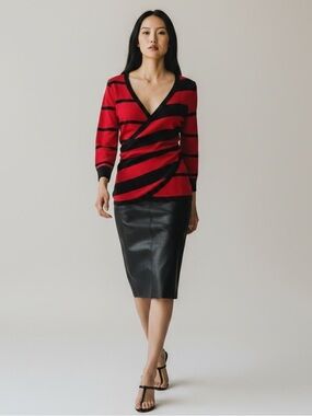 Ricki’s Wrap Front Sweater  Deep V Neckline Thin Knit Red Black Stripes XS